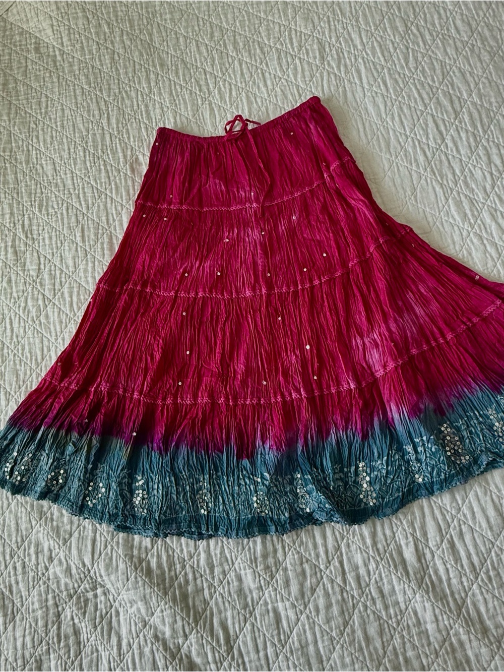 Angie Y2K Fairy Cotton Tiered Maxi Skirt - Pink & Gray Dip Dye Sequin Accent L